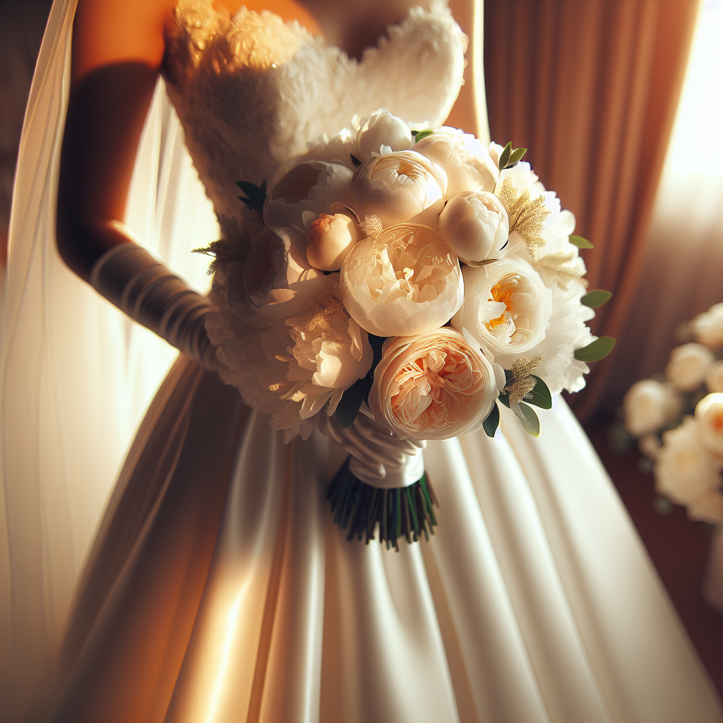 Bukiet ślubny z bialych roz i piwonii